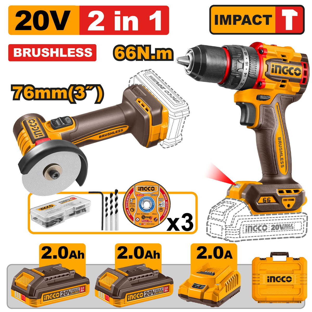 INGCO 20V 66Nm Impact DRILL+76mm Mini Cut-Off Tool 2X2.0+CHARGER CKLI20255