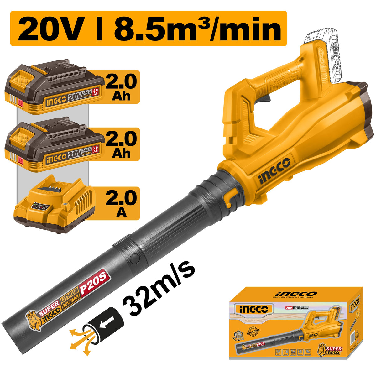 INGCO 20V LI-ION Leaf Blower 2 x 2.0Ah+CHARGER CABLI203232