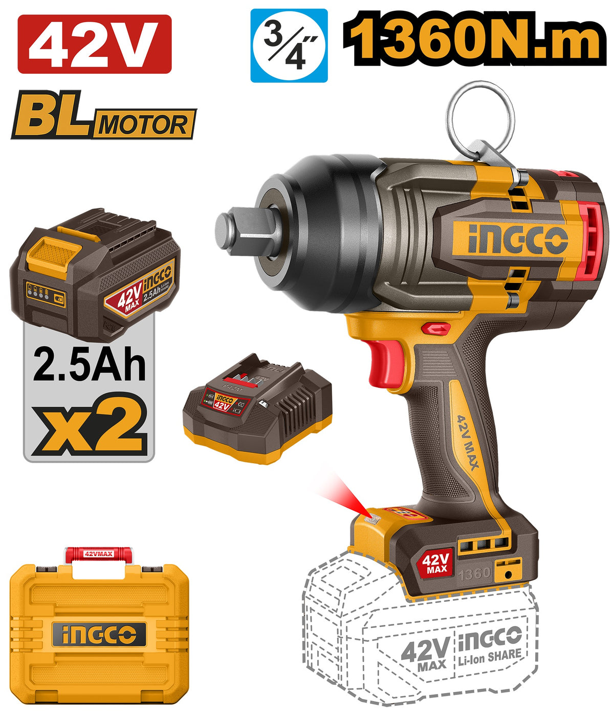 INGCO 42V BL 3/4" 1360Nm Impact Wrench 2X2.5Ah+CASE CIWLI421362