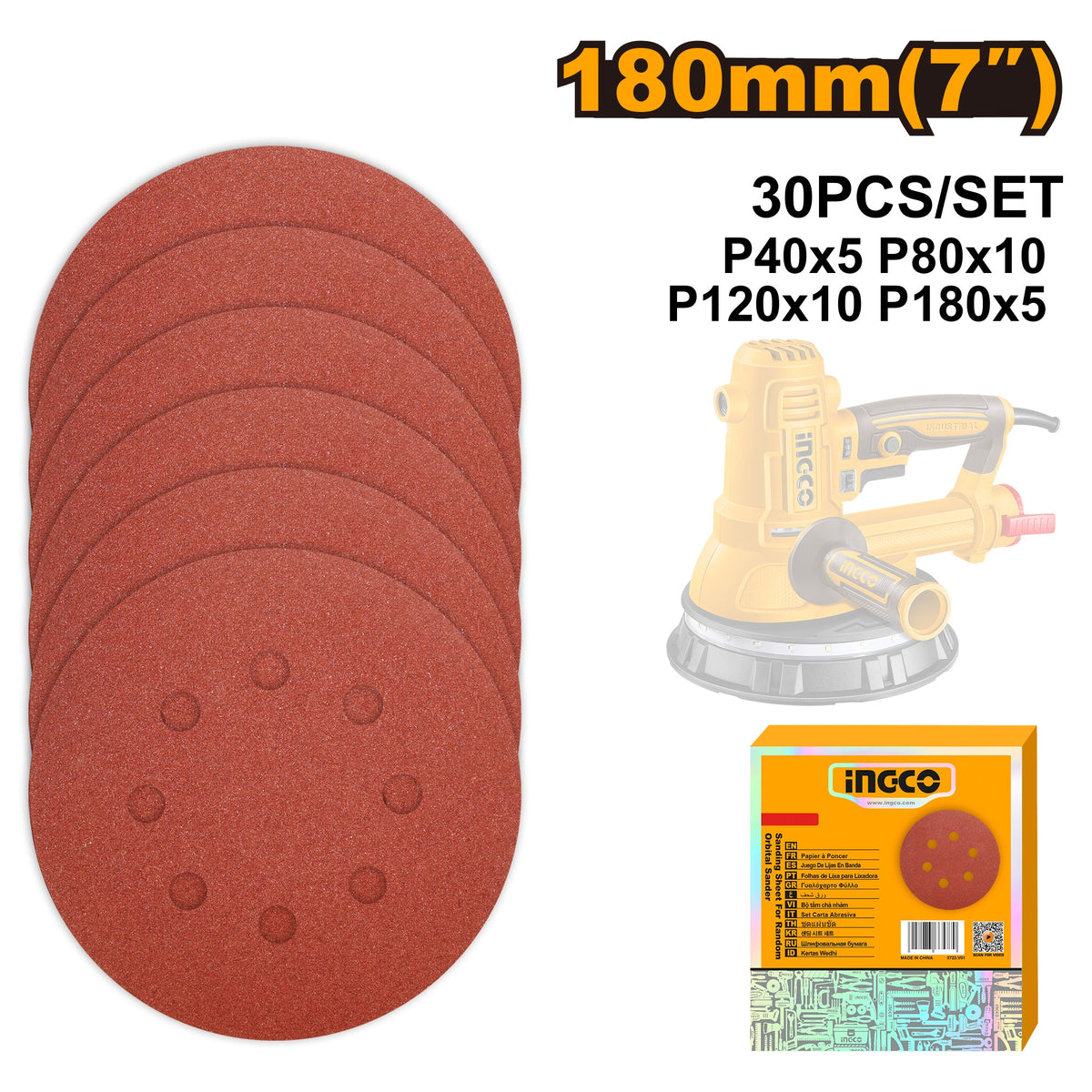 INGCO 30X 7" Sanding Discs 5XP40 P180,10XP80,P120 (for DWS10508) AKRS180030