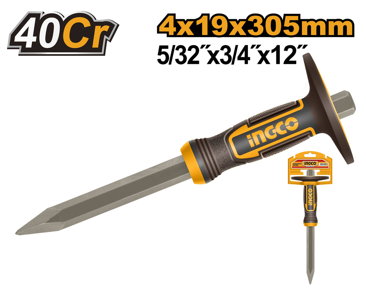 INGCO 40CR. Concrete Pointed Chisel W/guard 12" 305X19X4mm HCC830419