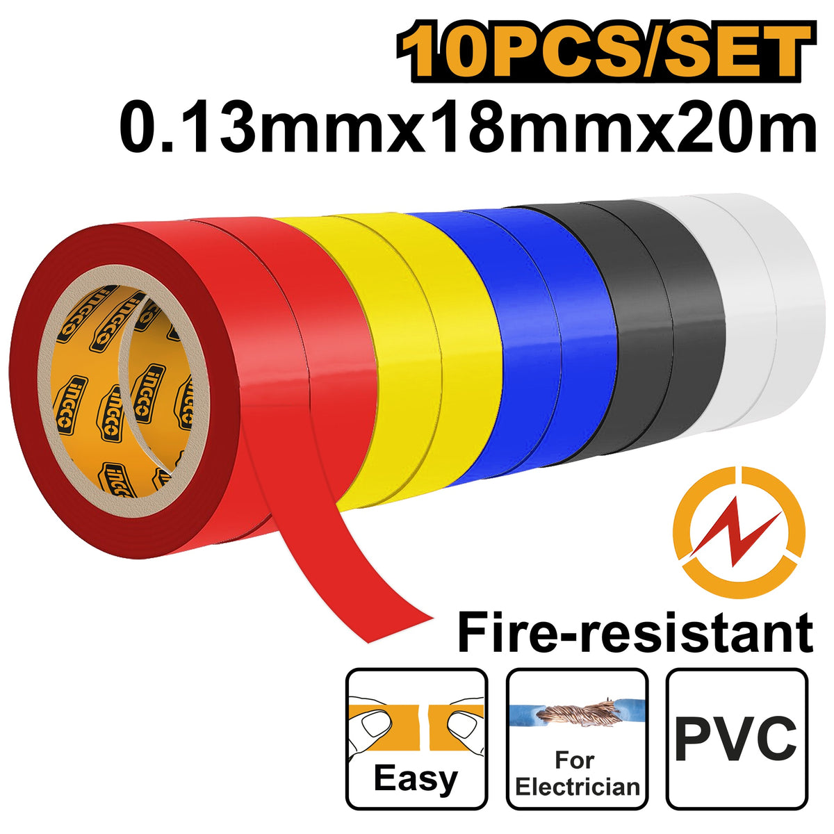 INGCO 10pcs Fire Resistant Insulation Tape Mix Color 013X18MMX20m HPET1013