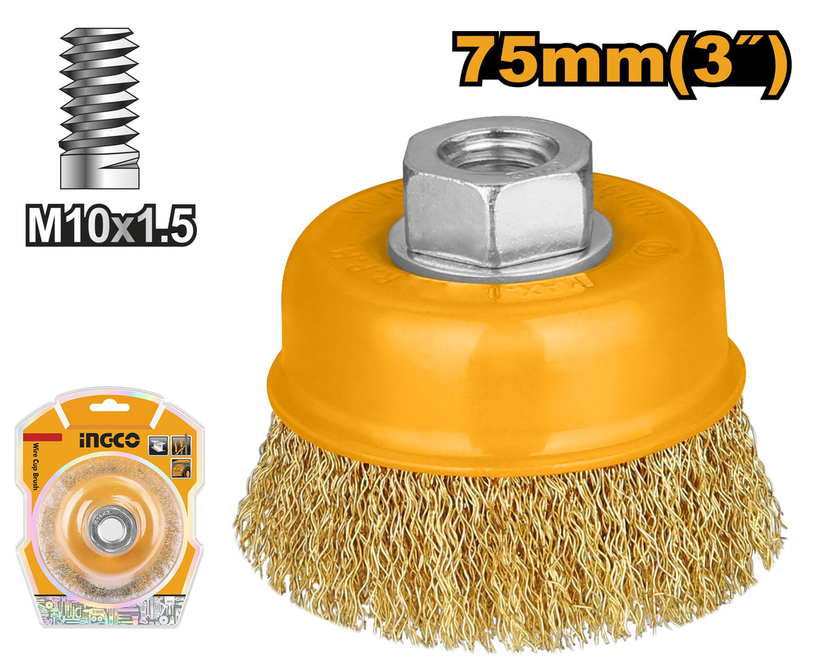 INGCO Wire Cup Brush 75mm M10X1.5 Bore (for 4" Grinder) WB10752