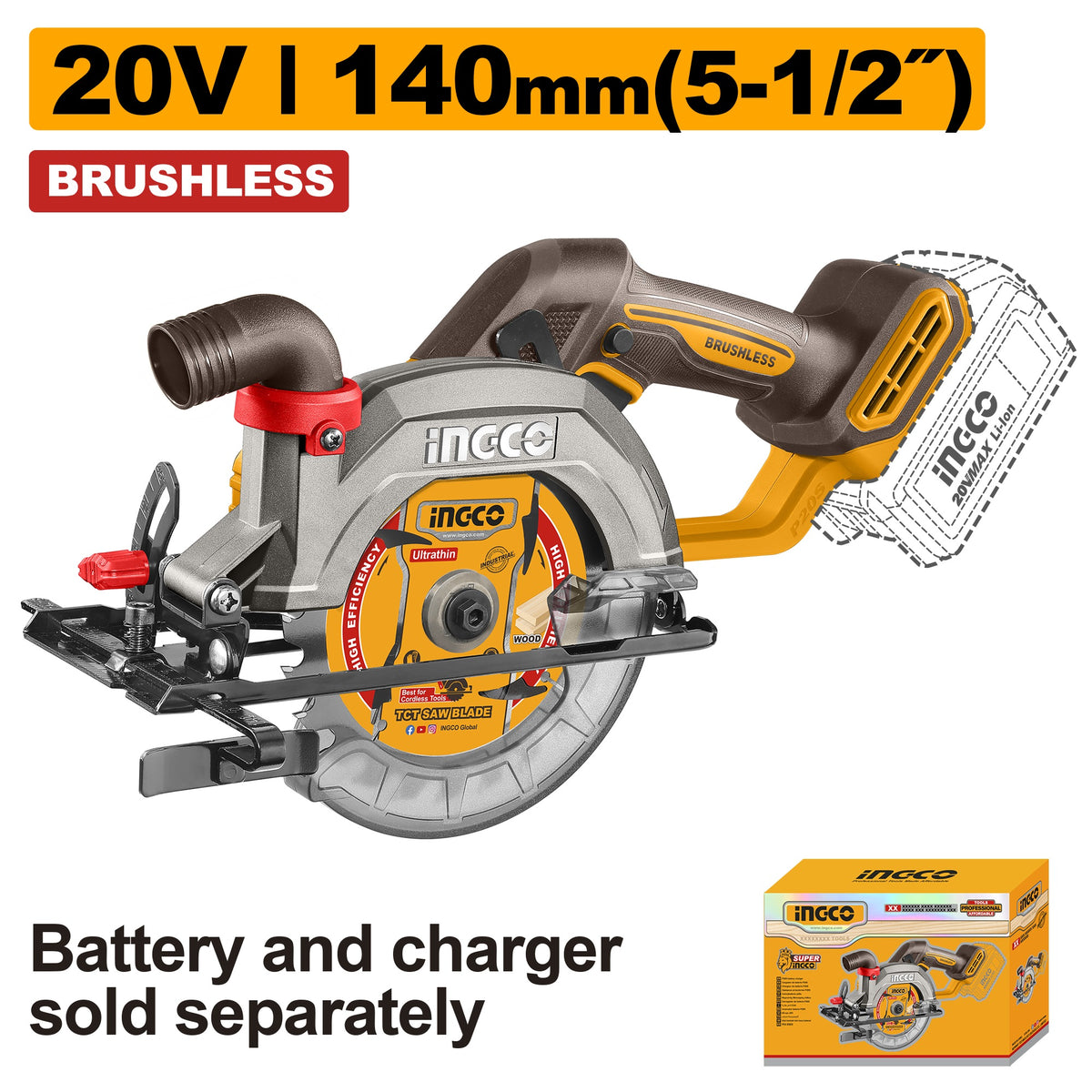 INGCO 20V LI-ION Circular Saw 140mm Blade (Bare Unit) CSLI1402