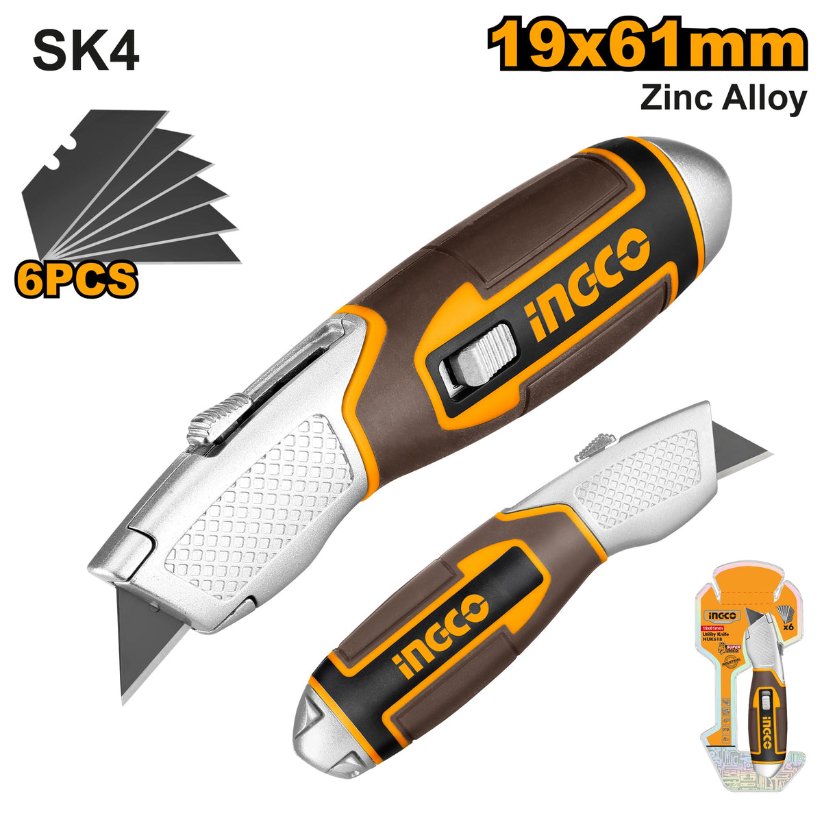 INGCO HD Utility Knife W/6 SK5 Blades HUK618