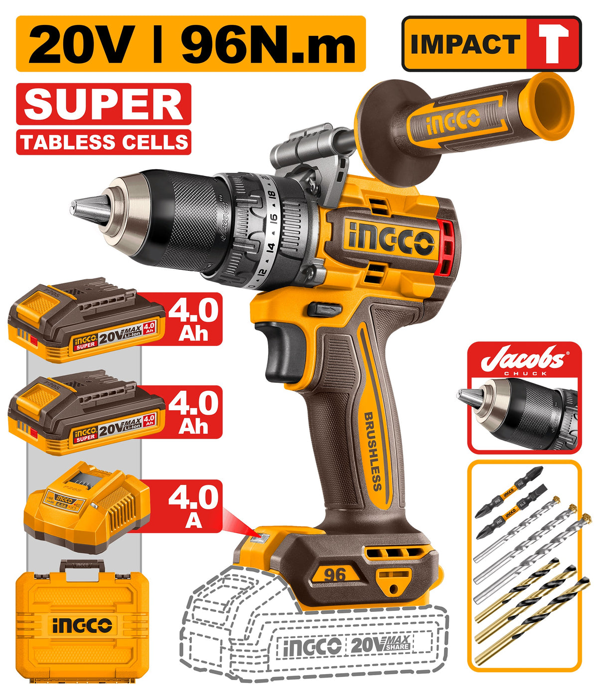 INGCO 20V BL 96Nm Impact Drill Jacob Chuck 2X4.0Ah Tabless+case CIDLI209689