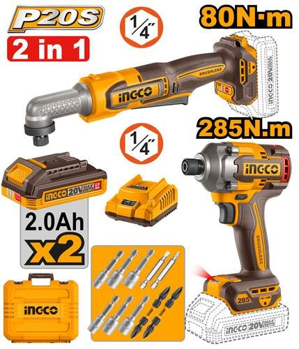 INGCO 2pcs 285Nm Imact Driver + 80Nm Angle Impact Driver set COSLI260296 COS260296