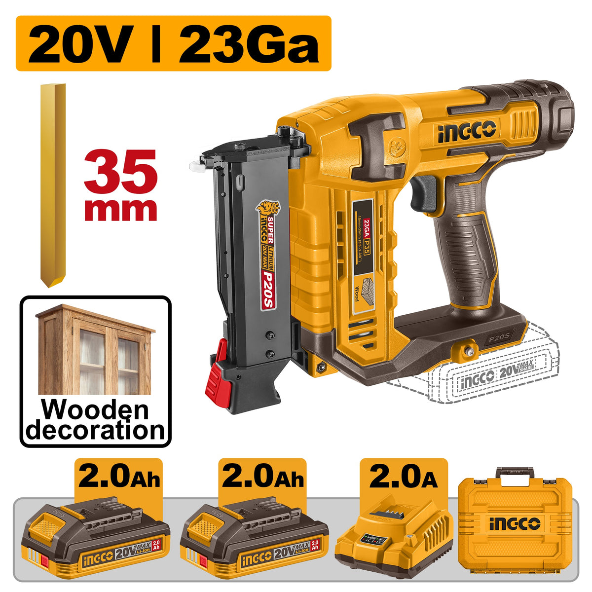INGCO 20V BL Pin Nailer 10~35mm 2X2.0Ah+CHARGER CPNLI360315