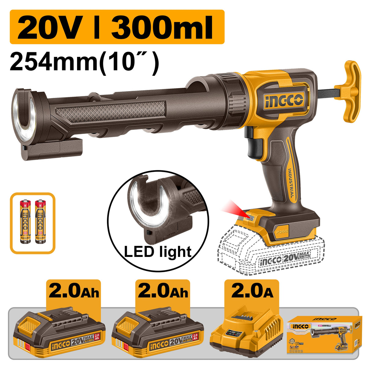 INGCO 20V Cordless Caulking Gun 10" 254mm 2X2.0Ah+CHARGER CCGLI20021
