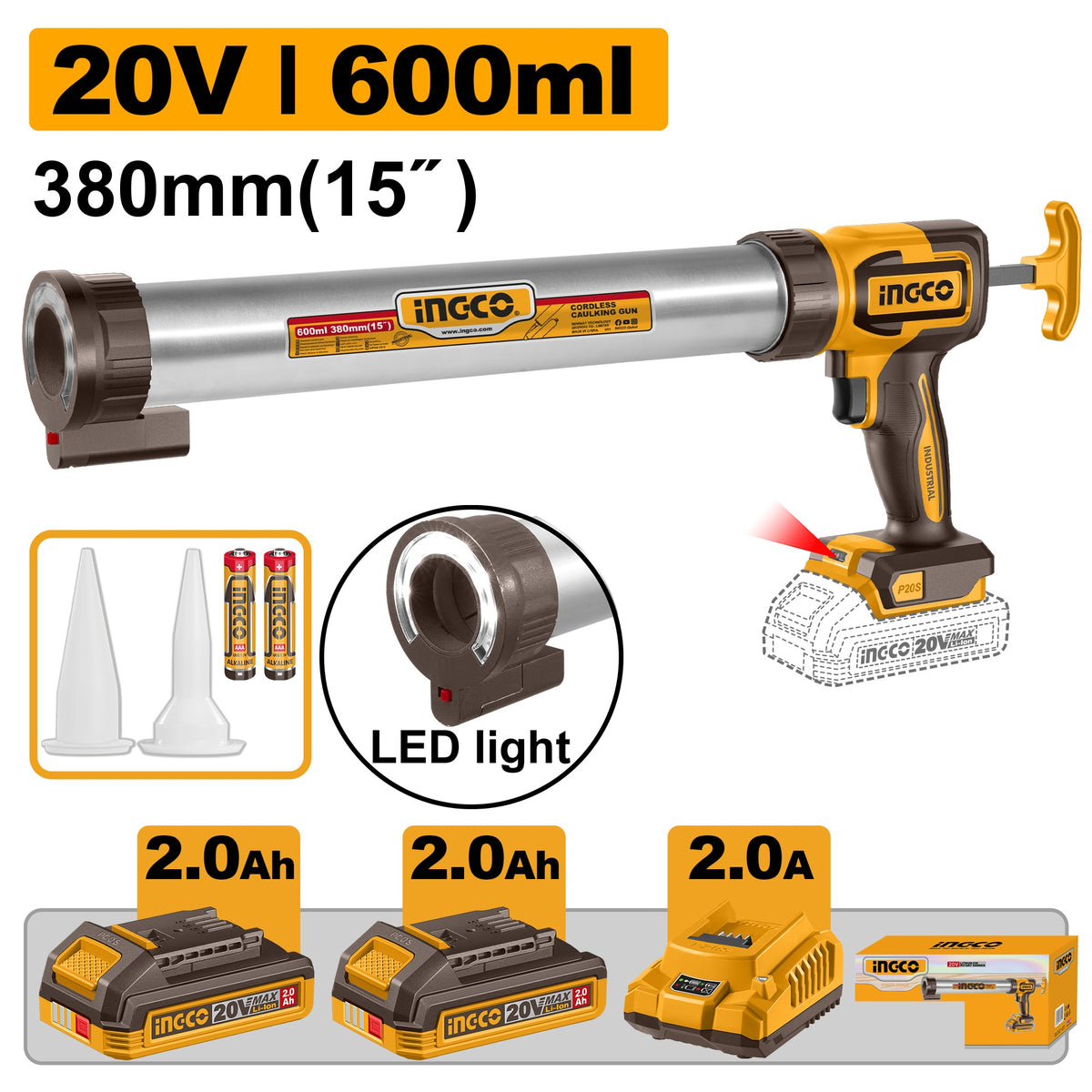 INGCO 20V 600ml Sealant Caulking Gun 15" 380mm 2X2.0Ah+CHARGER CCGLI20031