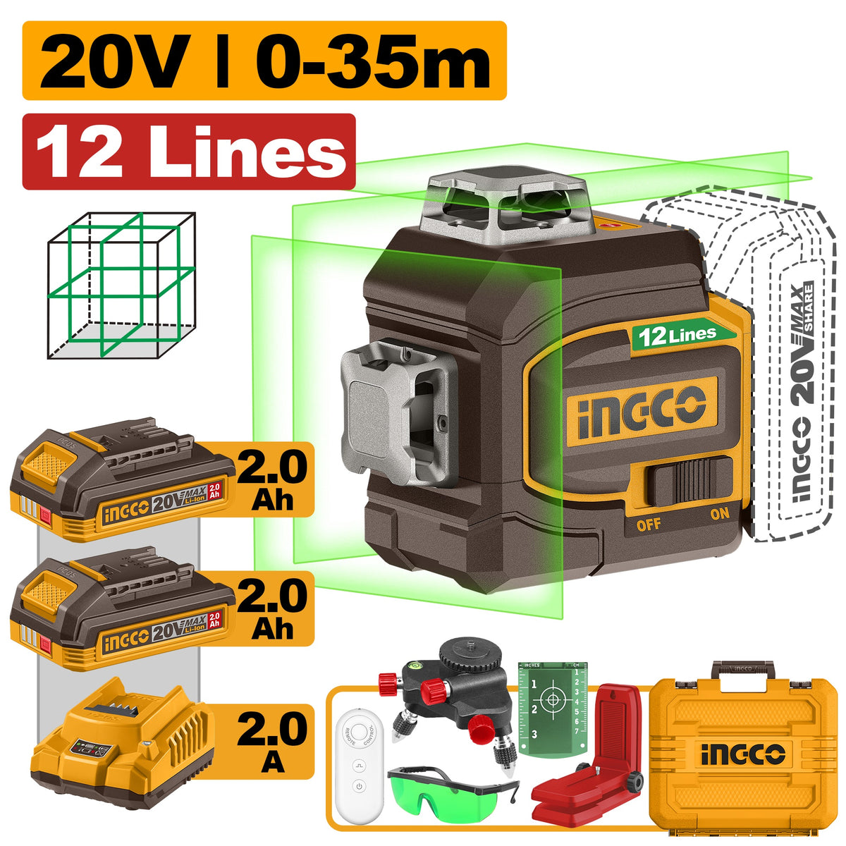INGCO 20V 12 Lines Self Levelling Green Leveller 2X2.0Ah+CASE HLL3012165