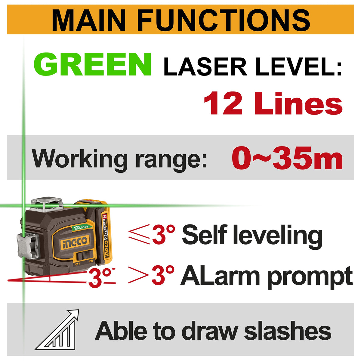 INGCO 20V 12 Lines Self Levelling Green Leveller 2X2.0Ah+CASE HLL3012165 – view 2