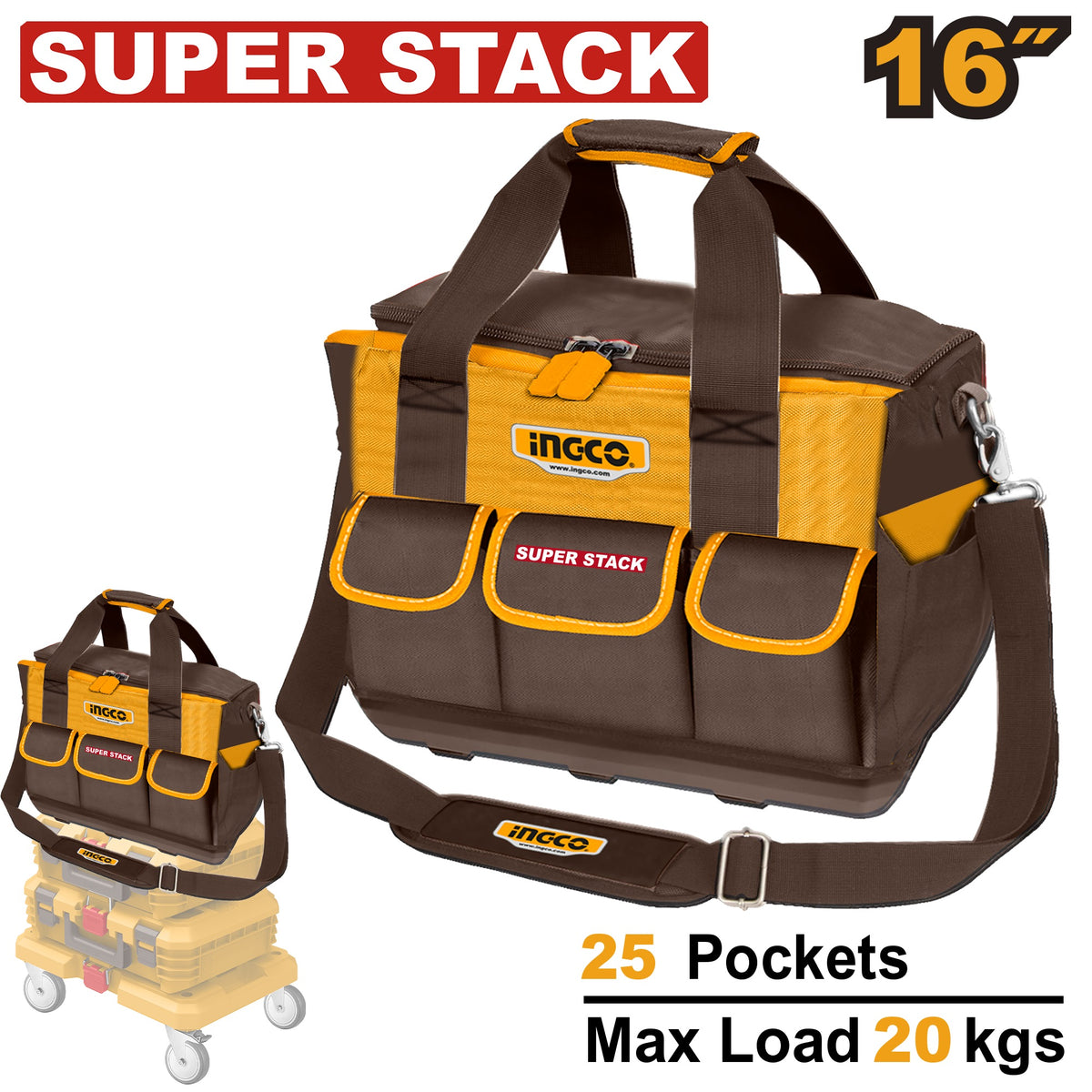 INGCO 16" Super Stack 25 Pockets Tool Bag HTBG12