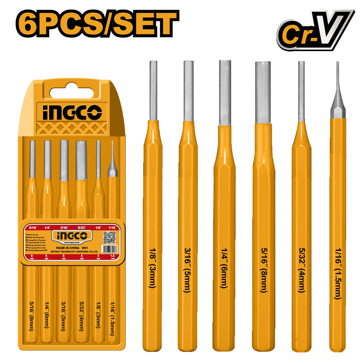 INGCO 6pcs Pin Punch 1.5,3.0,4.0,5.0,6.0 & 8.0mm set HKPP8606