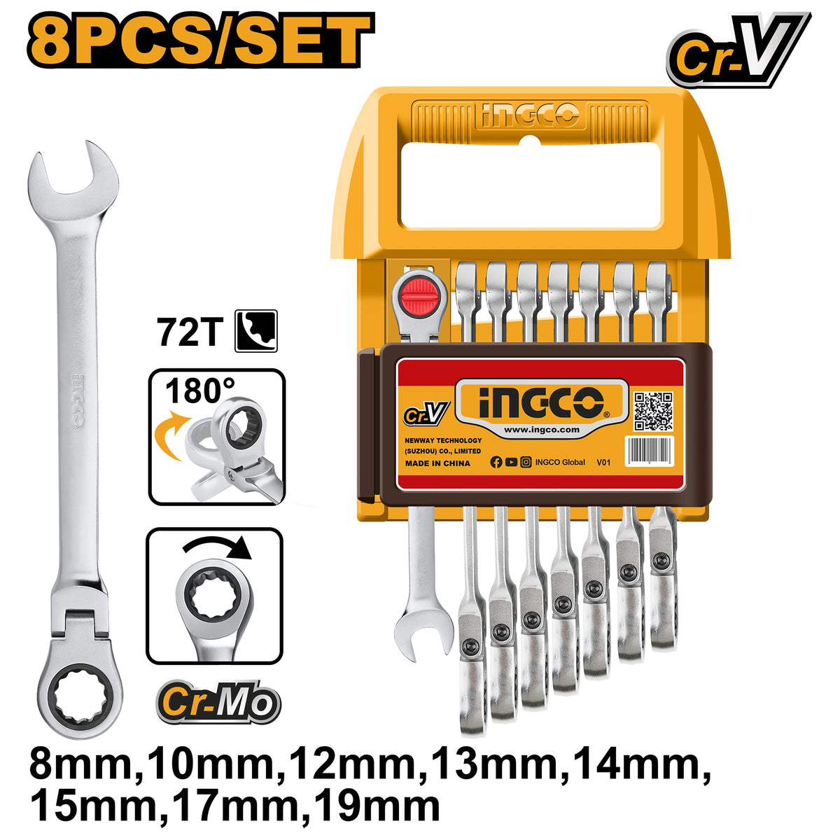 INGCO 8pcs Flex Ratchet Combi Spanner set 8,10,12,13,14,15,17,19 HKSPAR2083