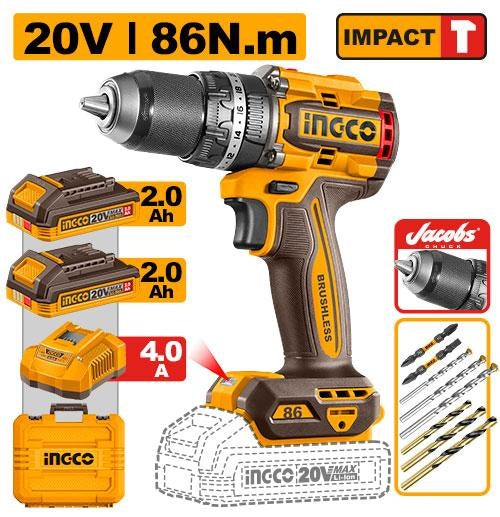 INGCO 20V BL Impact Drill 86Nm Jacob CHUCK,2X2.0 Charger+case CIDLI208688