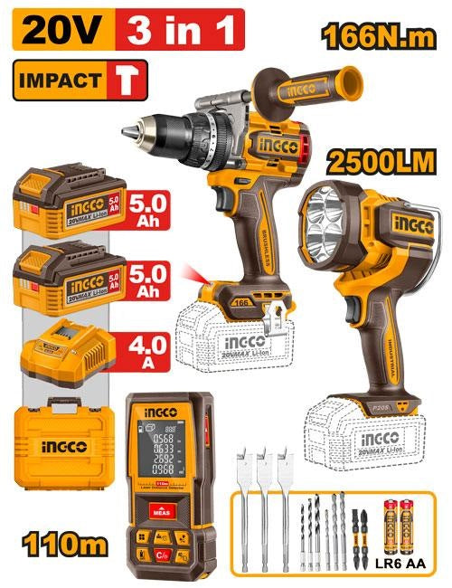 INGCO 20V 166Nm ID+2500LM LED LIGHT+110m Distancer Super Kit HLDD260528