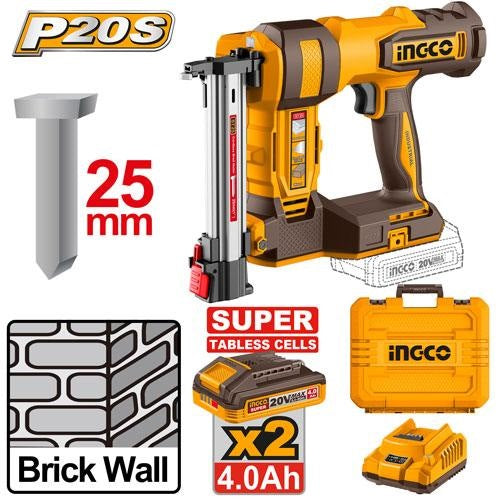 INGCO 20V ST25 Brad Nailer 2X4.0 Tabless Batt+charger+case CBNLI38136