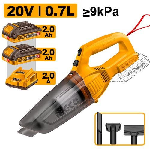 INGCO 20V LI-ION Vacuum Cleaner, PRESSURE:≥9KPA 2X2.0Ah+CHARGER CVLI201582