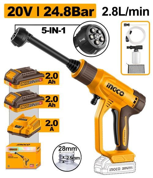 INGCO 20V LI-ION Pressure Washer 24.8BAR 2X2.0Ah+CHRG CPWLI20582