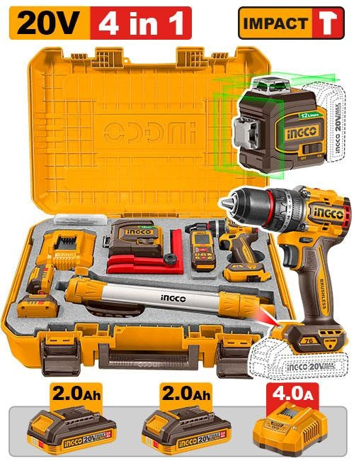 INGCO 20V 76Nm Impact DRILL+12 Lines Green LEVELLER+85m Distancer HLL260467