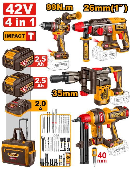 INGCO 42V 4pcs Breaker+imp Drill+nailer+rotary Hammer Combo set COSLI260587