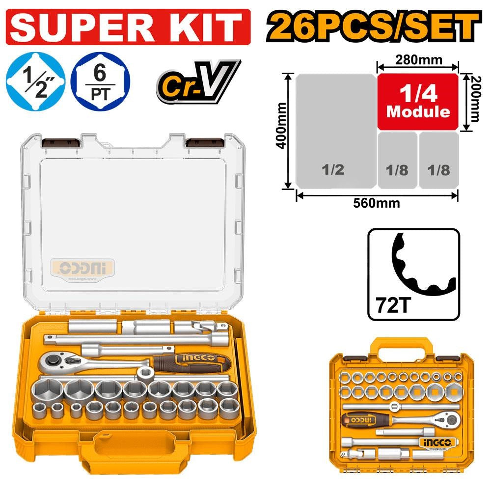 INGCO 26pcs 1/2" DR. Socket Super Kit 8-32mm HKTS12266
