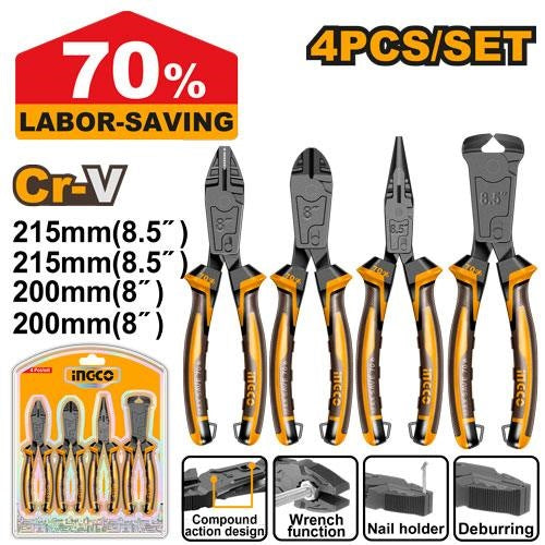 INGCO 4pcs Compound Action Plier set (70% Engergy Saving) HKCPS5846