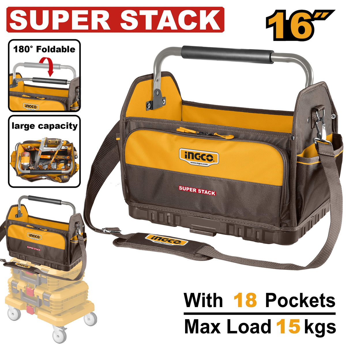 INGCO 16" Super Stack 18 Pockets Ind.tool Bag 400X270X370mm HTBGL08