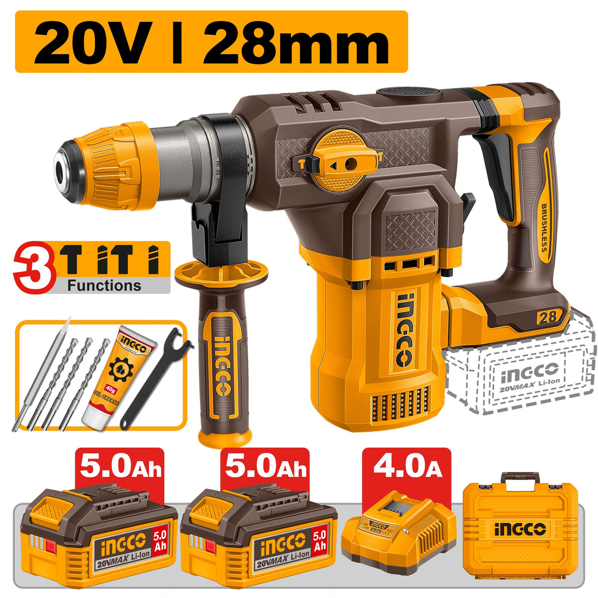 INGCO 20V LI-ION BL Rotary Hammer 28MMØ 2X5.0Ah Chrg+bits+case CRHLI202862
