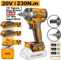INGCO 20V BL 1/2" Impact WRENCH(2IN1)230Nm,2X2.0Ah,+CHARGER&CASE CIWLI20236