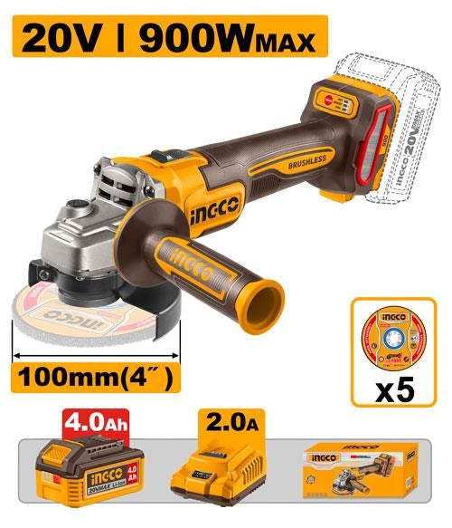 INGCO 20V LI-ION BL Angle Grinder 100mm 3 Speed 900W 1X4.0Ah CAGLI261021