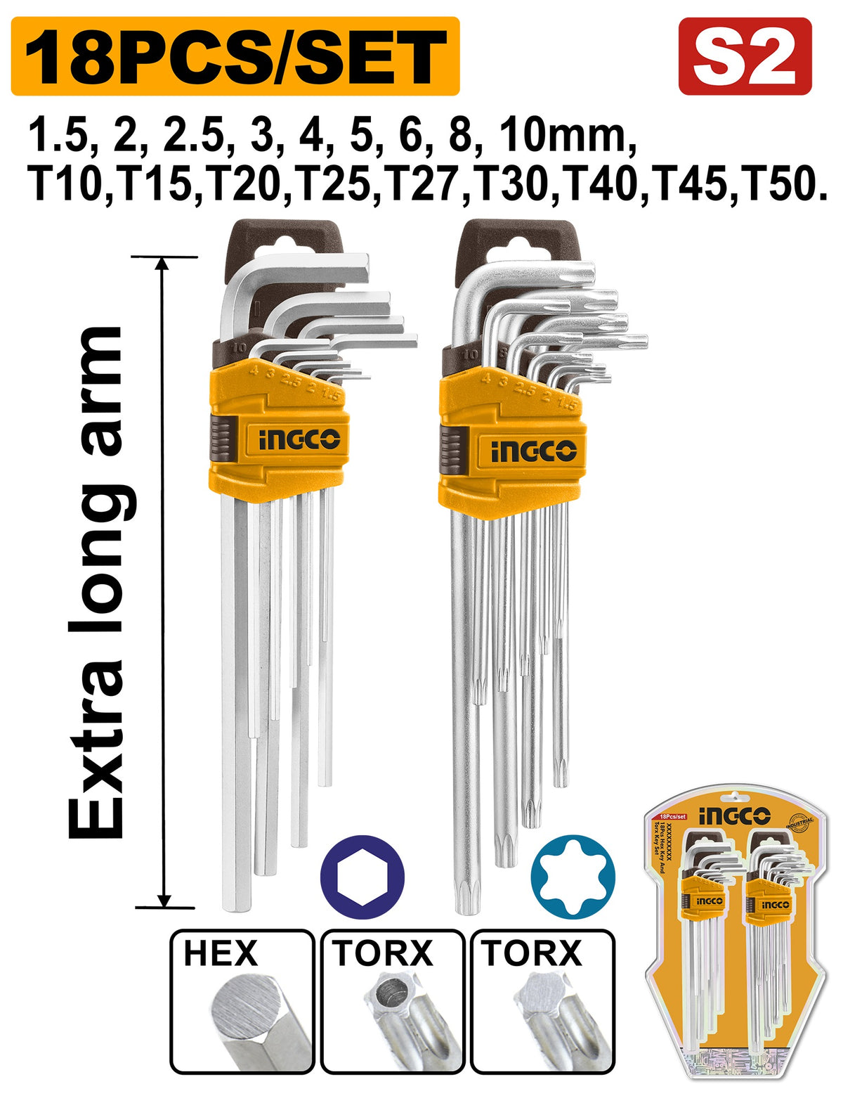 INGCO 18pcs Extra Long Hex KEY(1.5-10mm) & Torx KEY(T10-T50) set HHKSET0181