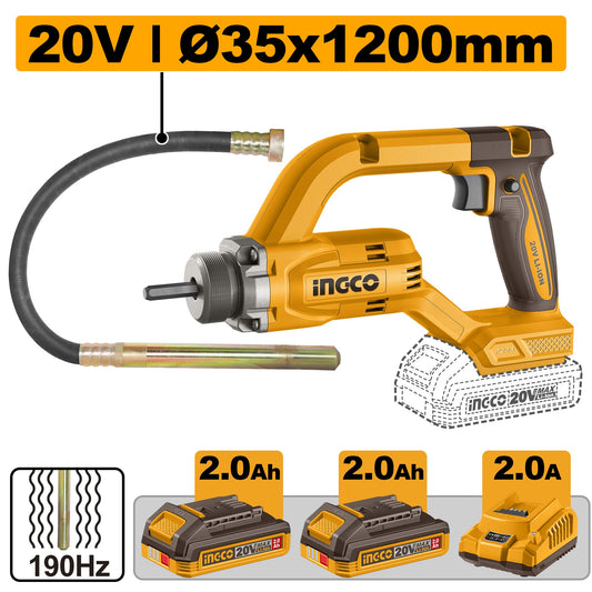INGCO 20V Cordless Concrete Vibrator 35MMØX1200mm 1X2.0+CHRG CCVLI2025021