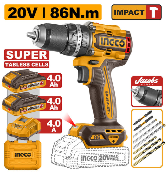 INGCO 20V BL Impact Drill 86Nm W/2X4.0 "Tabless"+charger+case CIDLI208686