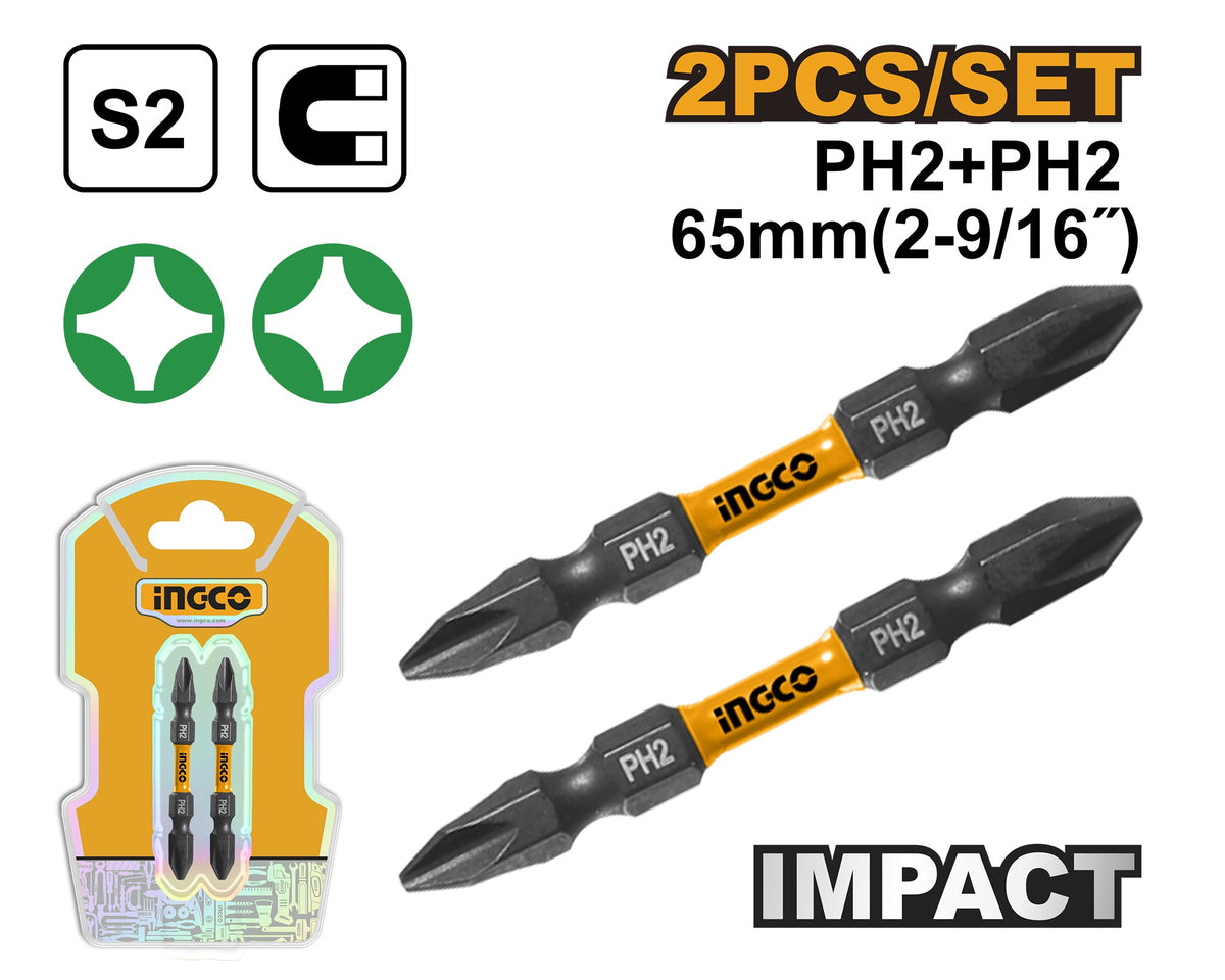 INGCO 2pcs Double End High Impact Driver Bits (+)2X 65mm SDBIM72PH265