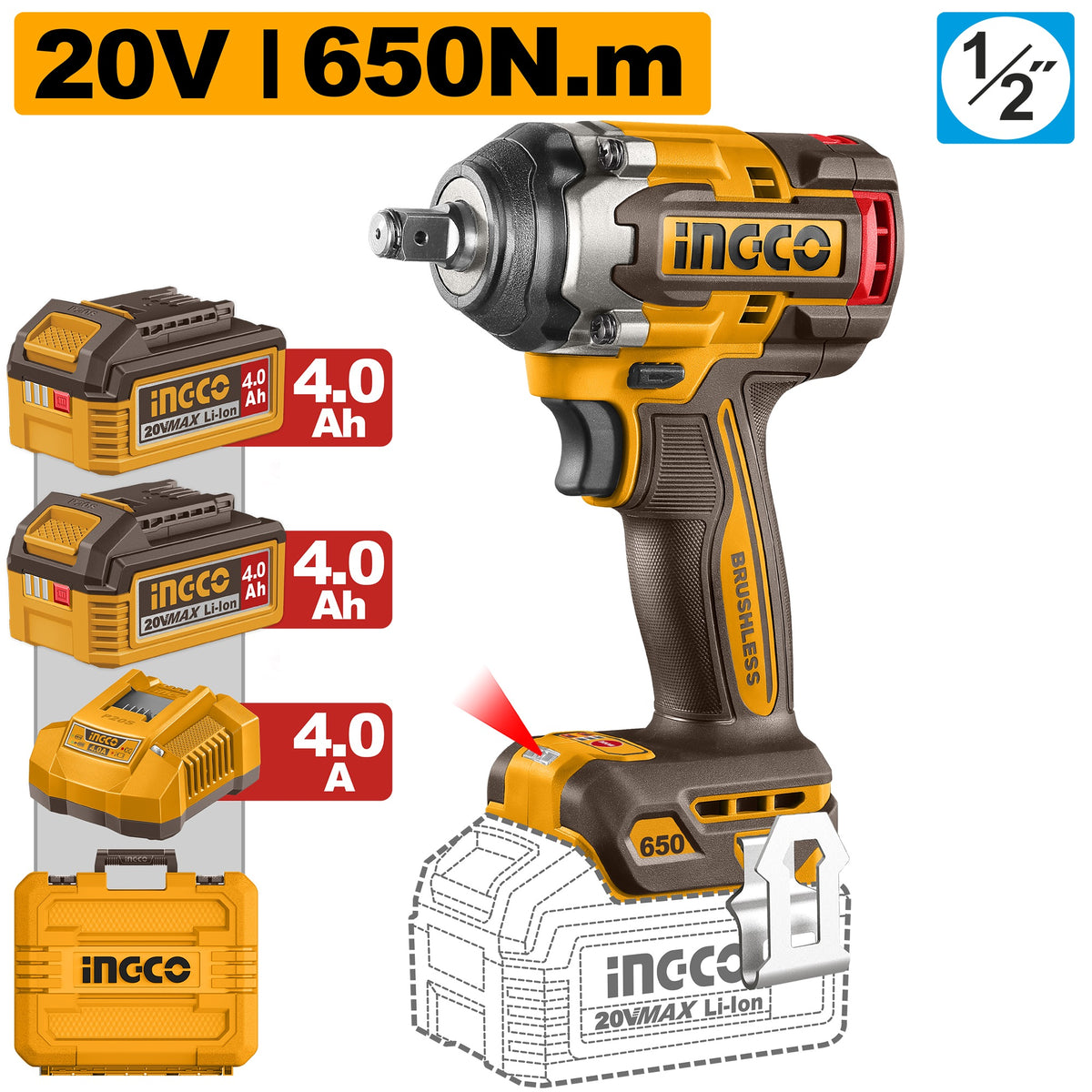 INGCO 20V BL 1/2" Impact Wrench 650Nm 2X4.0, 4A Charger+case CIWLI2065