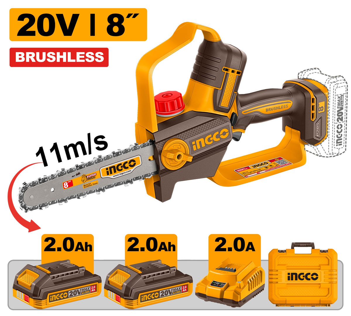 INGCO 20V 8" 200mm BL Cordless Pruner Saw 2X2.0Ah+CHARGER+CASE CGSLI20882