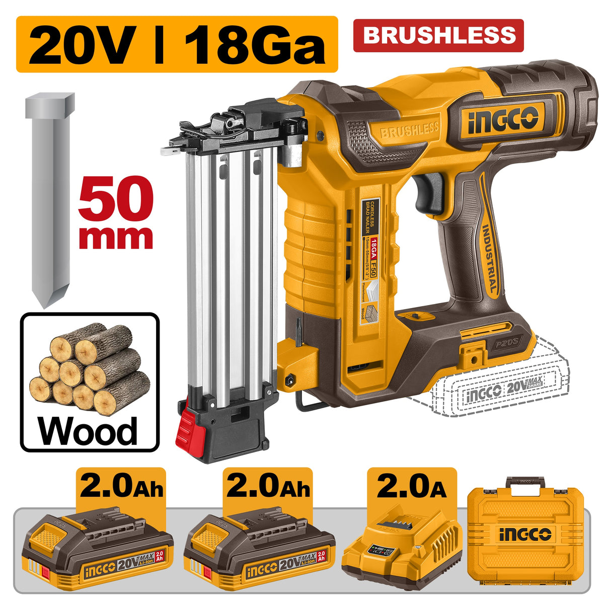 INGCO 20V LI-ION BL Brad Nailer F15-F50 2X2.0Ah Charger+case CBNLI500857