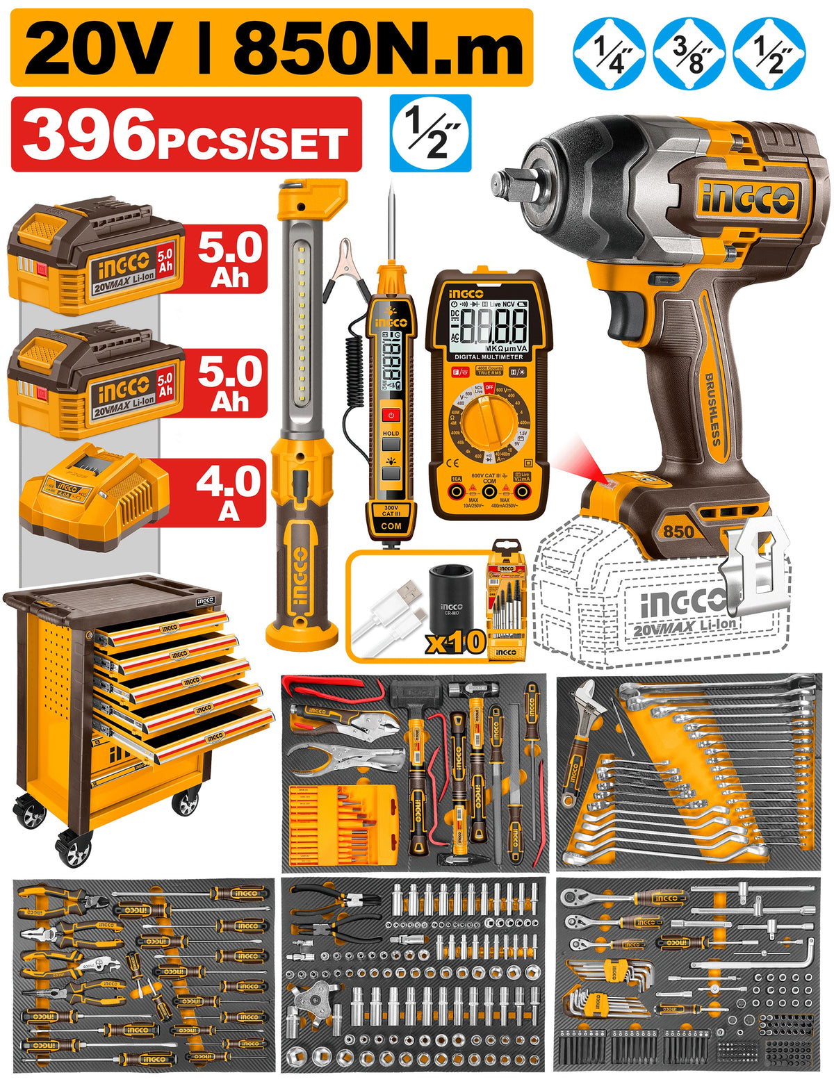 INGCO 396pcs Mechanics Tool Chest+ 1/2" 850Nm Impact Wrench set HTCS283962