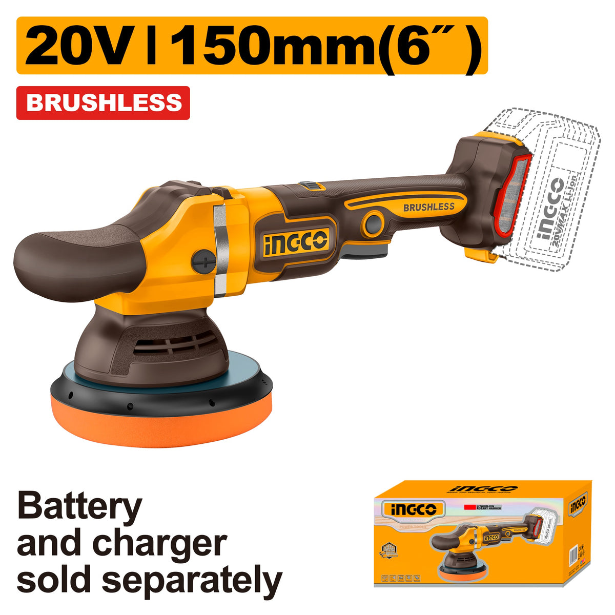 INGCO 20V 6" BL Angle Polisher 2000-4500RPM (Bare Unit) APLI2015