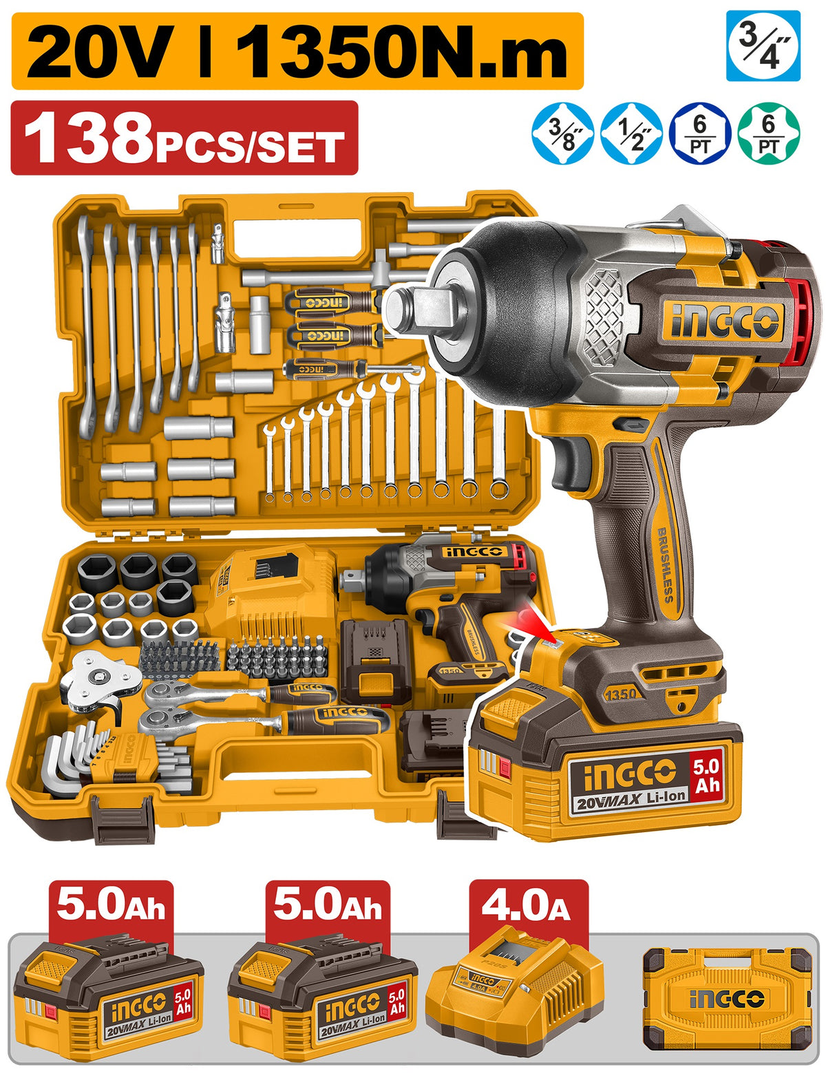 INGCO 20V 3/4" DR. Impact Wrench 1350Nm in 138pcs Tool Kit set HKTHP41383
