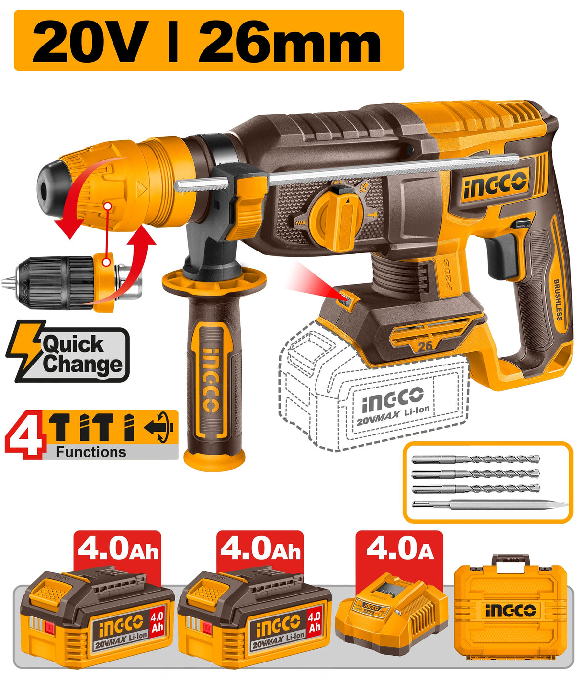 INGCO 20V BL 4-MODE Rotary Hammer 26mm 2X4.0Ah +quickchuck+case CRHLI202689