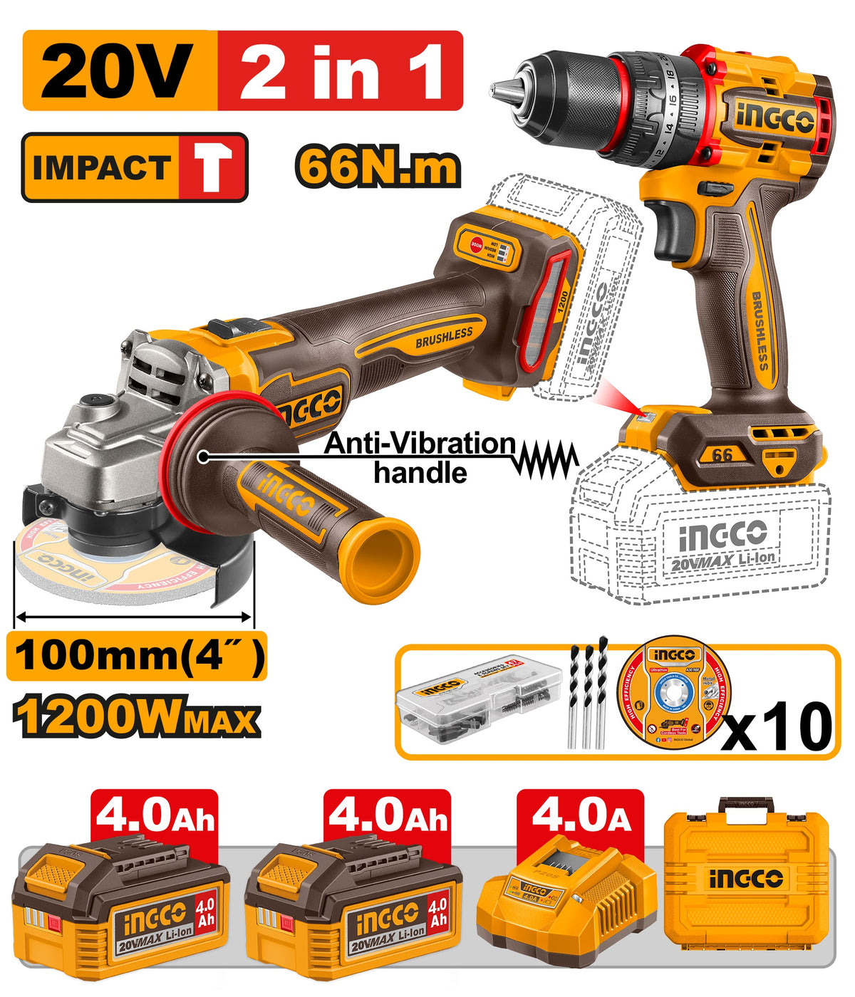 INGCO 20V 1200W 4"GRINDER+66Nm Impact Drill Combo 2X4.0Ah+CASE CKLI2025610