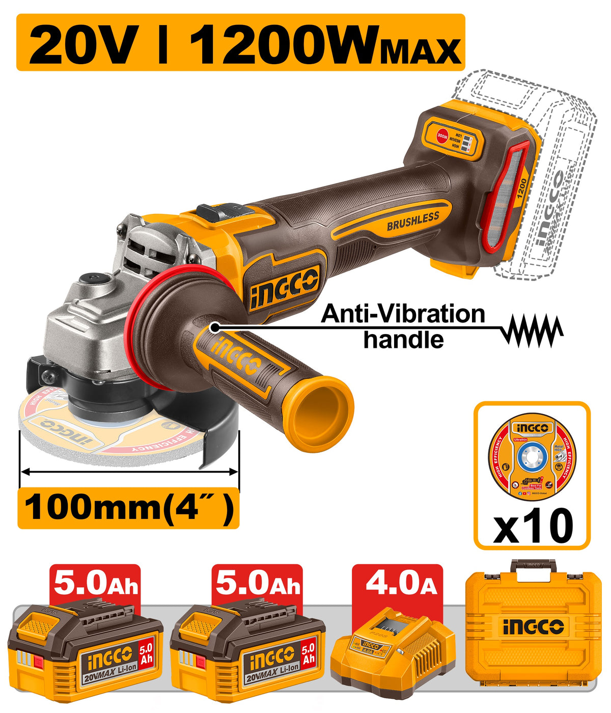 INGCO 20V LI-ION 3-SPEED Angle Grinder 4" 1200W 2X5.0Ah+CASE CAGLI2120232