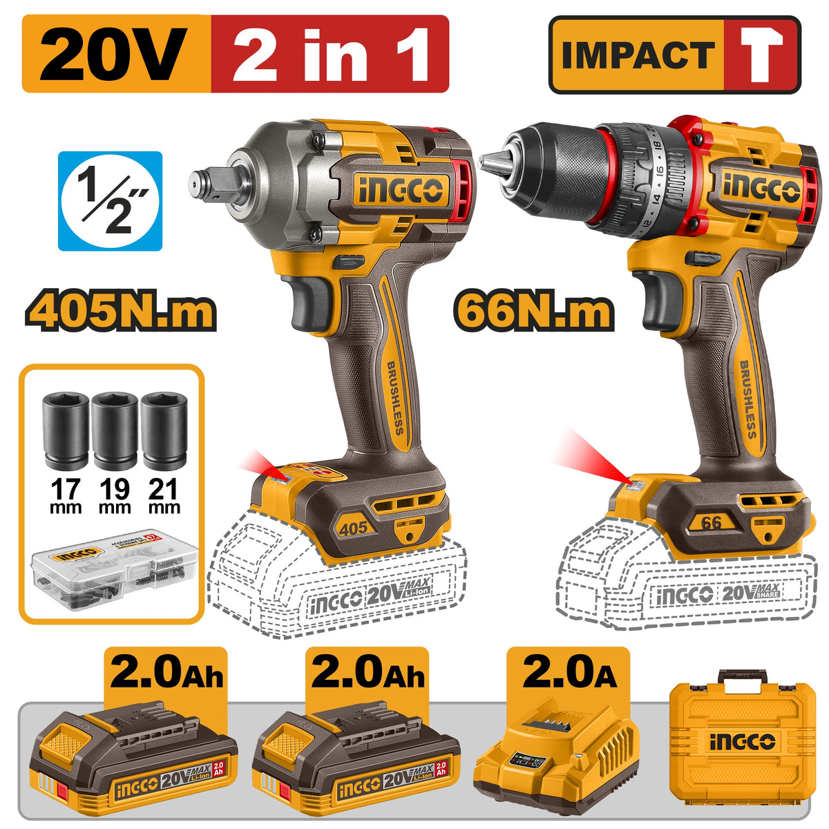 INGCO 20V Impact Wrench 405Nm+IMPACT Drill Combo 2X2.0Ah, Charger CKLI20286
