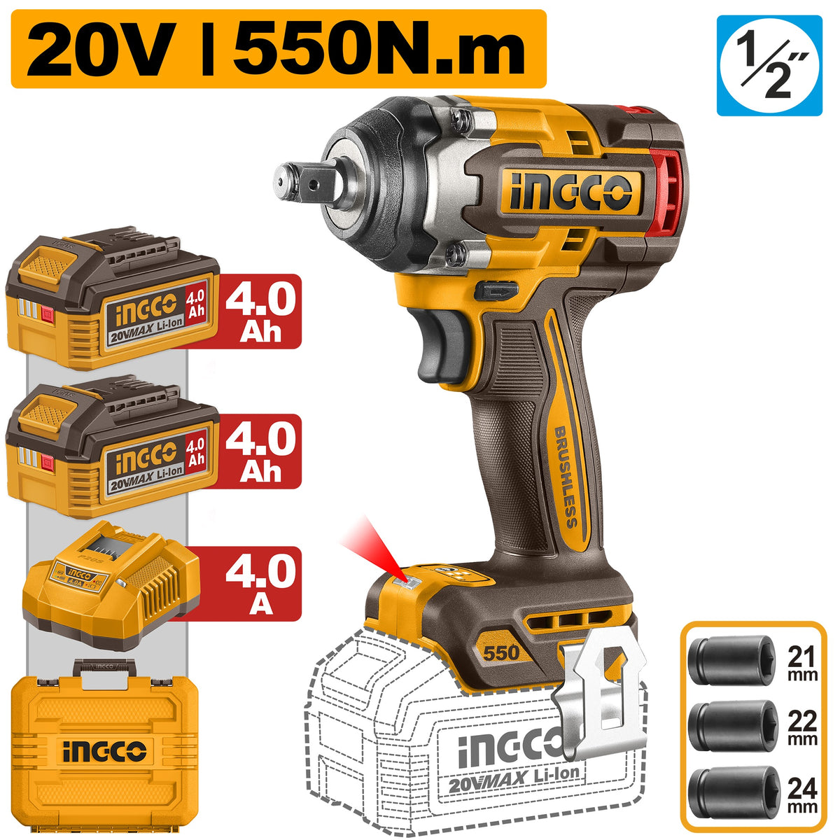 INGCO 20V BL 1/2" Impact Wrench 550Nm,2X 4.0Ah, Charger & Case CIWLI2055