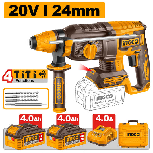INGCO 20V BL 4-MODE Rotary Hammer 24MMØ 2X4.0Ah+BIT+CASE CRHLI202482