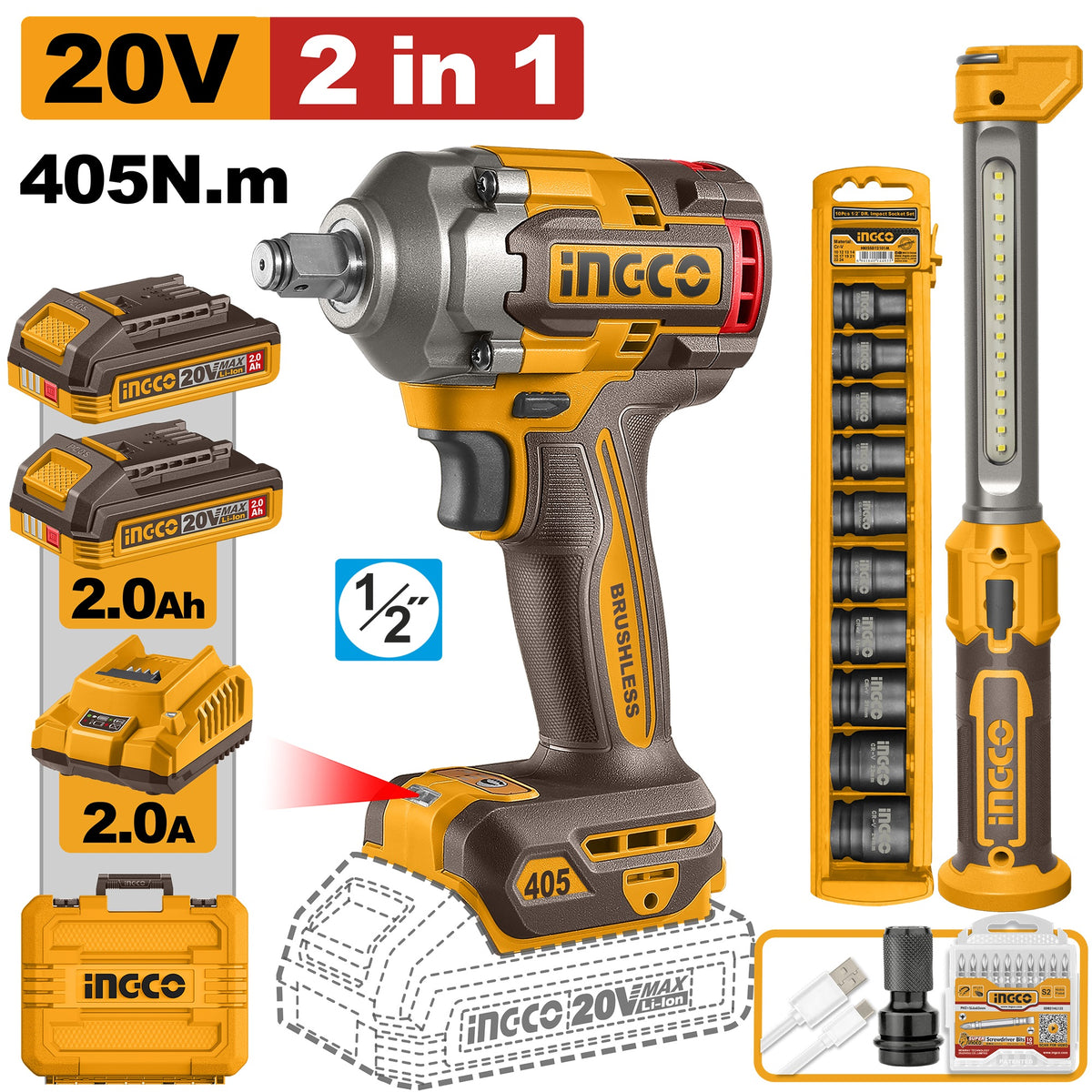 INGCO 20V BL Impact Wrench 405Nm + Worklight Combo set COSLI23056