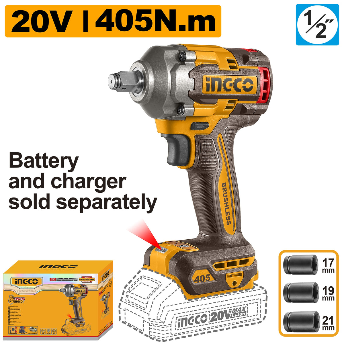 INGCO 20V BL 1/2" Impact Wrench 405Nm, (Bare Unit) CIWLI20451